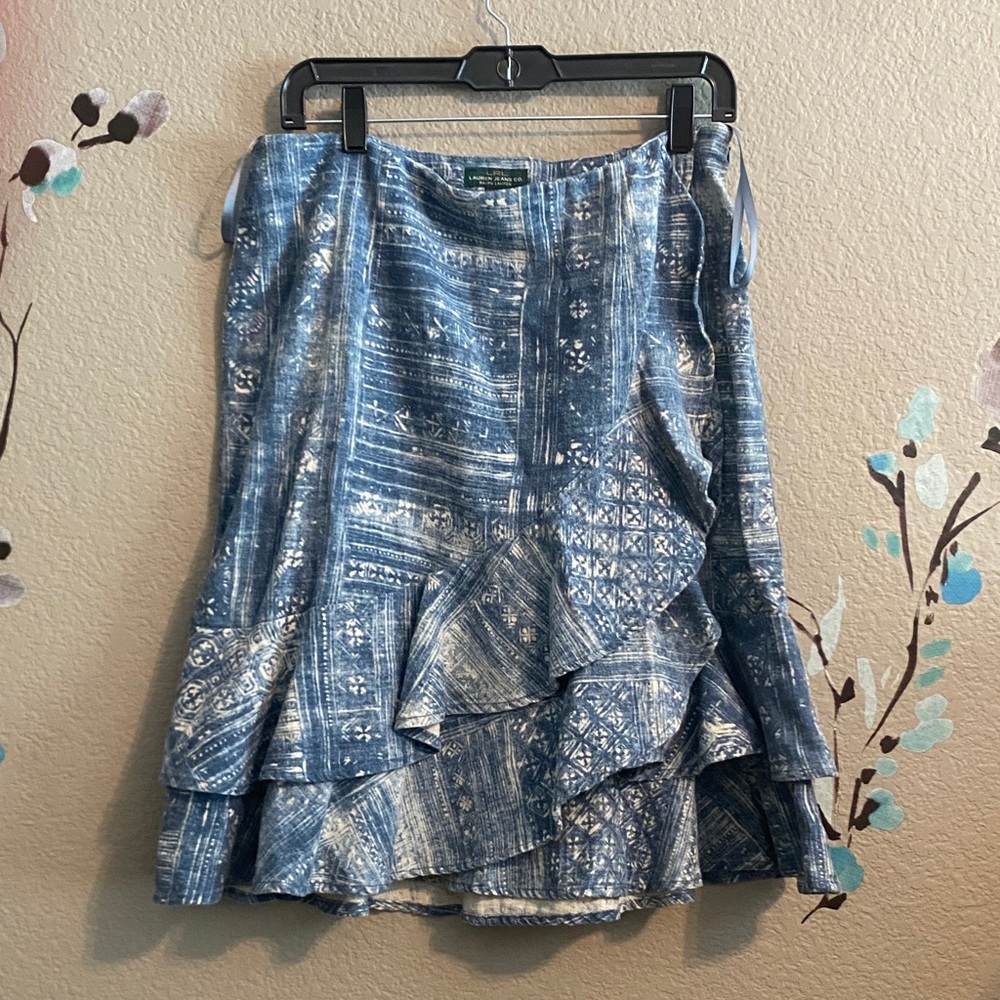 Lauren Ralph Lauren Jeans co Vintage geometric ruffle faux wrap skirt 8 linen